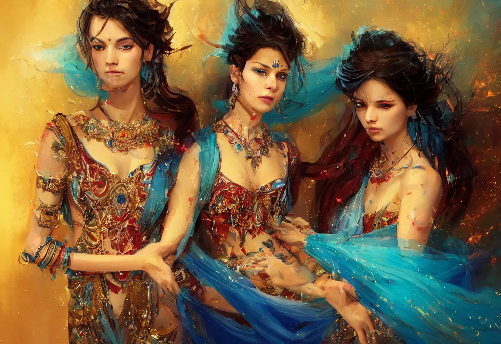 Prompt: full body portrait of a duo of 1 9 years old girl figures, oriental tattoos, jeweled ornament over forehead, jewelry, subject wearing a high fashion mystical gown, flowing, beautiful, dramatic, cinematic lighting, ultramarine, indian yellow, fire red, few vivid turquoise highlights, by greg rutkowski and jeremy mann, artstation, pixiv, oil on canvas