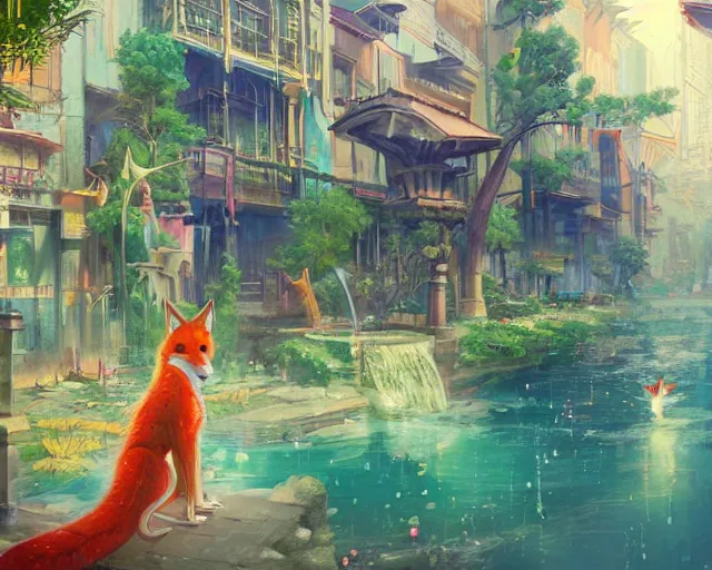 Prompt: great, colorful kitsune city, bamboo, fountain, anime, a fantasy digital painting by Greg Rutkowski and James Gurney, trending on Artstation, highly detailed