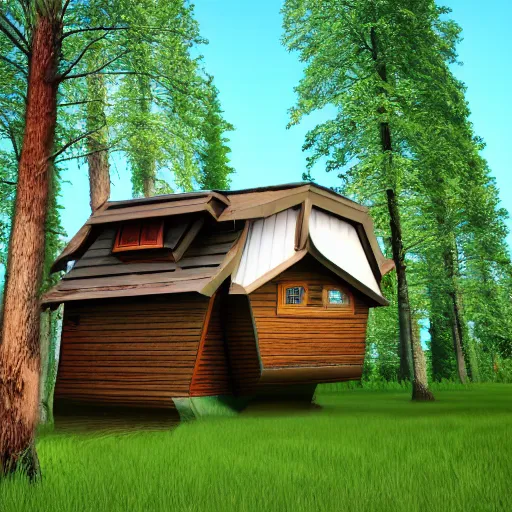 Image similar to funny house, 3d, rendering, realistic, forest