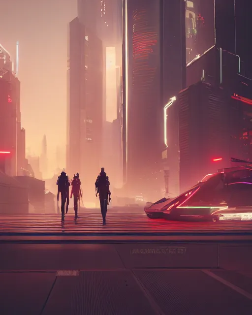 Image similar to People at the start of their journey, cyberpunk style, digital painting, concept art, smooth, sharp focus, hyperrealistic, illustration, artstation trending, octane render, unreal engine, ambient light, dynamic lighting, magical, dark vibes, Cyberpunk 2077