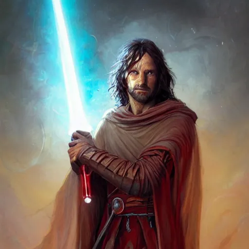 Prompt: portrait Aragorn as a Jedi Knight with red glowing eyes and a bright red lightsaber, art by pete mohrbacher and seb mckinnon and beksinski and josan gonzales, digital art, highly detailed, intricate, sci-fi, sharp focus, Trending on Artstation HQ, deviantart, unreal engine 5, 4K UHD image