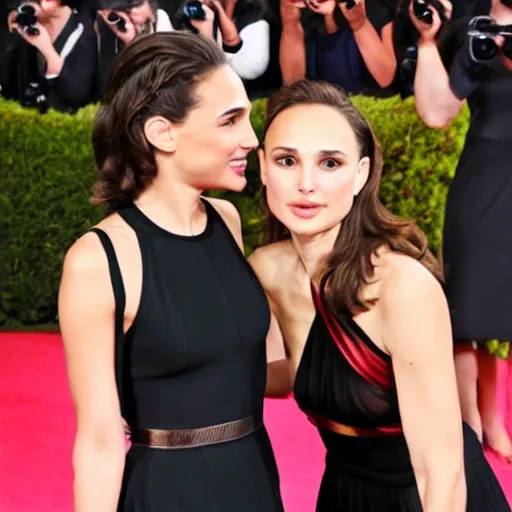 Prompt: Gal Gadot taking a picture with Natalie Portman