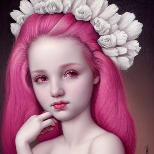 Prompt: a portrait of a beautiful woman with pink hair by mark ryden insanely quality, elegant, highly detailed, digital painting, artstation,, concept art, pop, smooth, sharp focus, illustration, art by mark ryden and 3 d 8 k ultra detailed