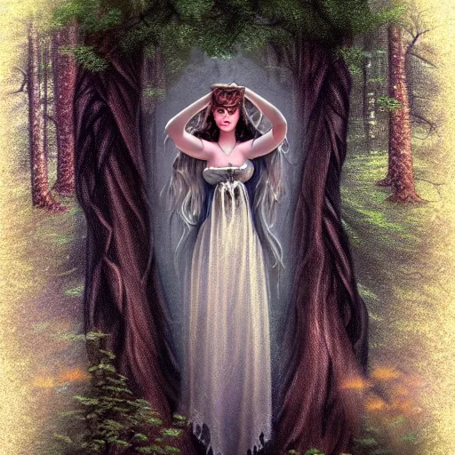 Prompt: in the style of thomas kinkade, female ghost, flowing dress, symmetrical face, symmetrical eyes, in the woods, moody lighting, dark fantasy