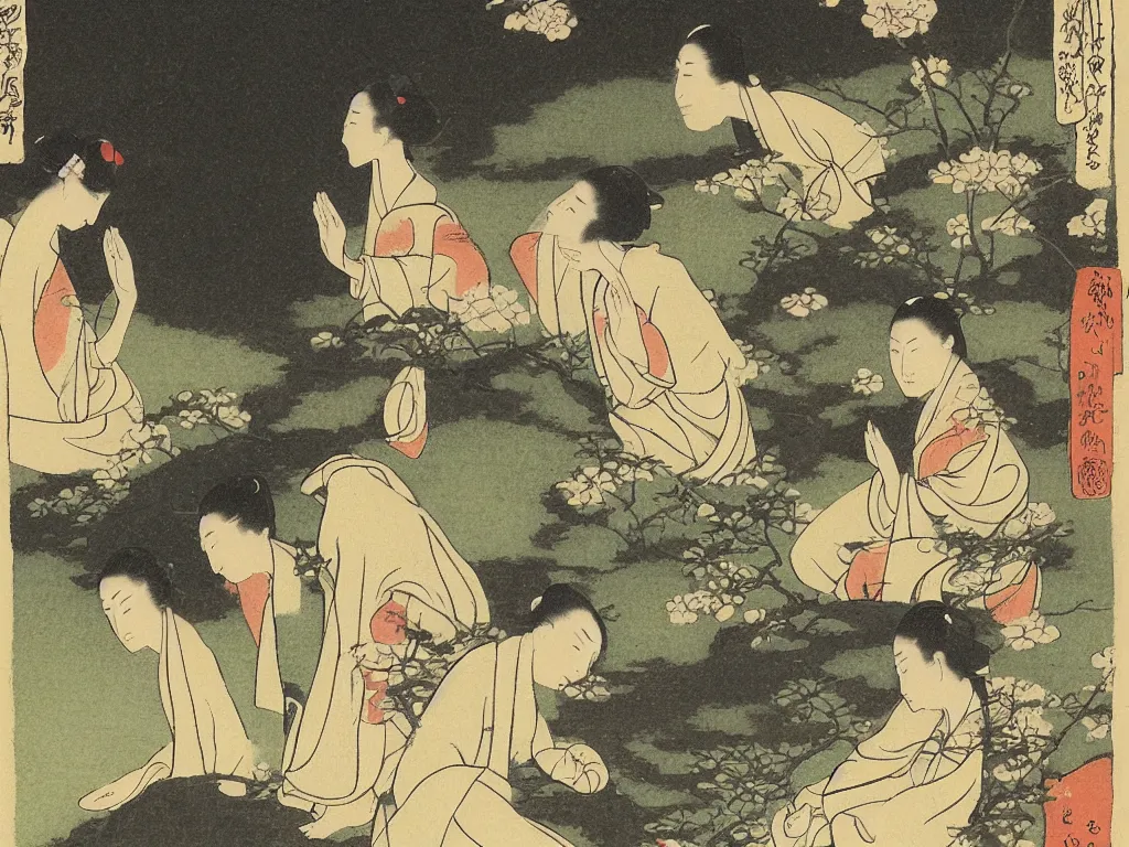 Image similar to four people meditation near a spring, by ohara koson