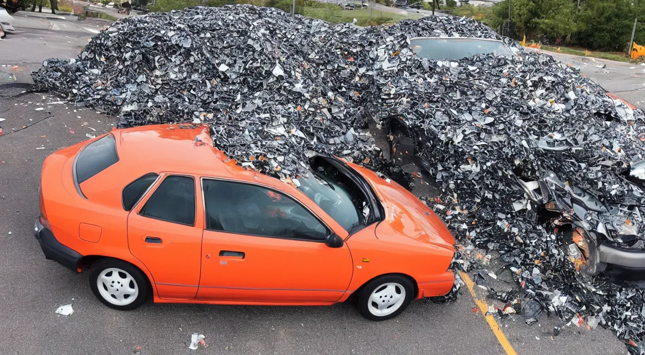 Image similar to 1993 nissan maxima windshield smashing into a million pieces, large orange traffic construction drum bouncing off windshield