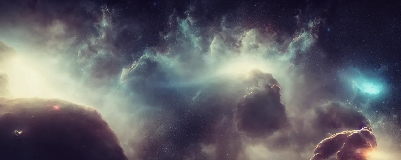 Prompt: epic beautiful minimalist space nebulae space scene, spaceengine, highly detailed, chiaroscuro, volumetric lighting, octane render, majestic, mysterious, double - exposure, light, tones of black in background, sublime, soft lighting, ray tracing global illumination, translucid luminescence, lumen reflections
