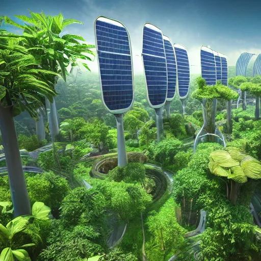 Prompt: A beautiful girl standing in a Ecofriendly utopian jungle city. Solar panels solarpunk with energy green trees jungle vines urban skyscraper. Eco domes with gardens inside. Giant wind energy windmills, flying spaceships. Spaceships in the sky delivering people to tall jungle buildings. Unreal engine photorealistic high defintion depth of field rendering 4k