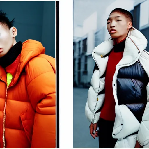 Image similar to realistic photoshooting for a new balenciaga lookbook, color film photography, portrait of a blonde asian woman, model wearing a puffer jacket, photo in style of tyler mitchell, 3 5 mm,