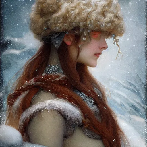 Image similar to winter princess, masterpiece by Edgar Maxence and Ross Tran and Michael Whelan, 8k, octane render