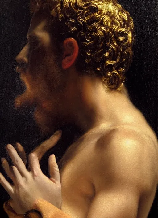 Image similar to highly detailed oil painting | very intricate | cinematic lighting | black, white and gold color scheme, dark background | god whispering on beethovens ear by alexander mcqueen | by roberto ferri, by gustav moreau, by singer sargent and klimt, american romanticism, occult art | by austin osman spare, artstation, cgsociety, official art, octane