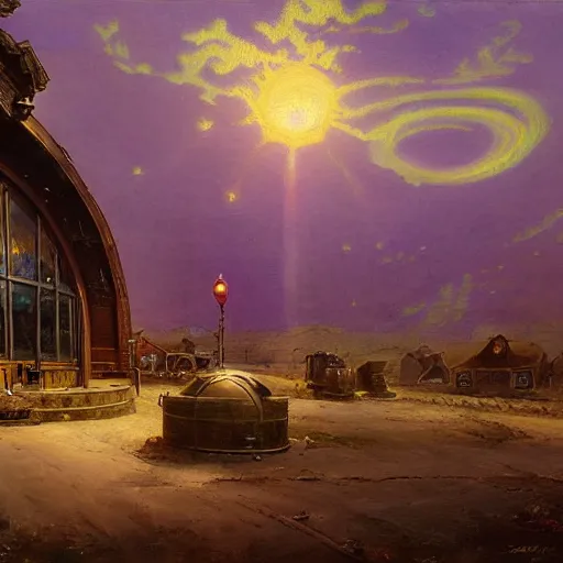 Image similar to painting of moebius artlilery scifi organic shaped gas station with ornate metal work lands on a farm, fossil ornaments, volumetric lights, purple sun, andreas achenbach