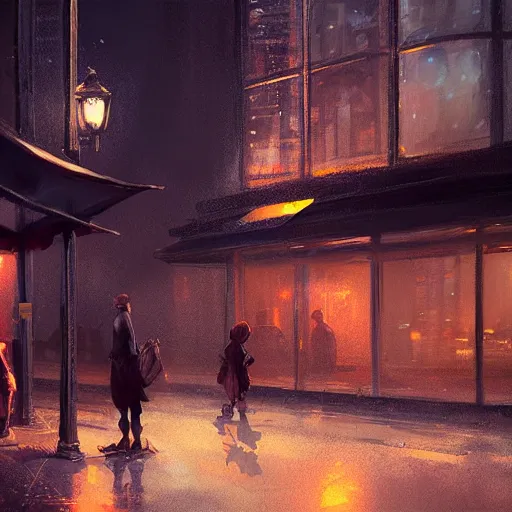 Prompt: a some people waiting in a lone bus stop in quiet dark city night, high quality, high resolution,detailed, digital painting, artstation, concept art, sharp focus, illustration, in style of GUWEIZ and WLOP and NIXEU and Craig Mullins