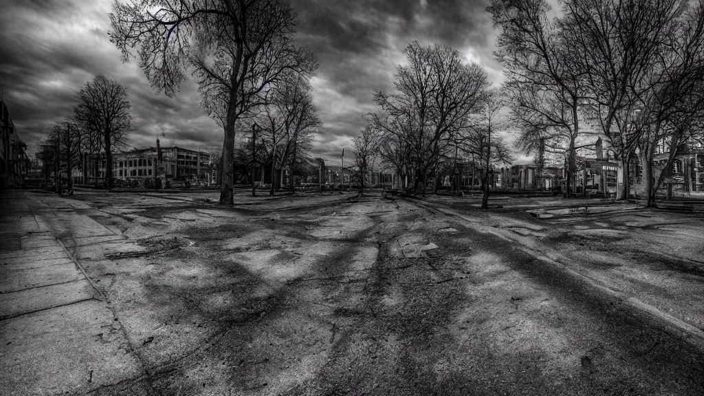 Image similar to dappled lighting atmospheric wide shot photography, dramatic lighting, eerie lighting, disturbing urban decay, photographed on Canon EF 24-70mm f/2.8L::3