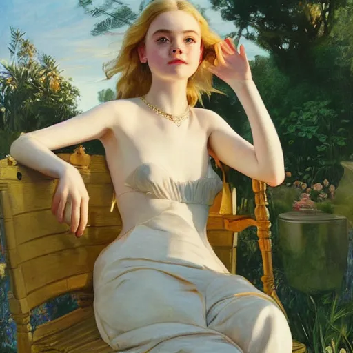 Image similar to Elle Fanning, next to a pool, golden hour, in a garden, artstation, by J. C. Leyendecker and Peter Paul Rubens,