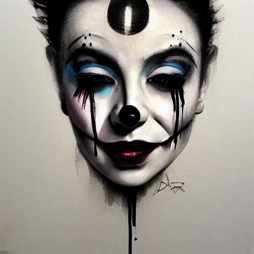 Image similar to Portrait of a young female Clown that has an expression of joy with black tears on his face by Guy Denning by Artgerm
