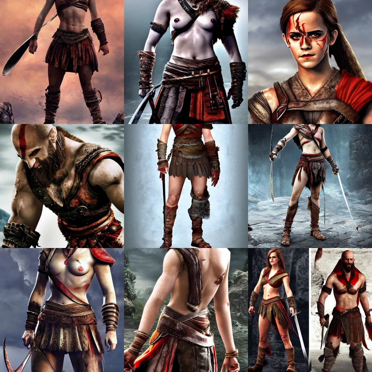 Image similar to Emma Watson as Kratos, brutal, detailed realistic, photorealistic, full body