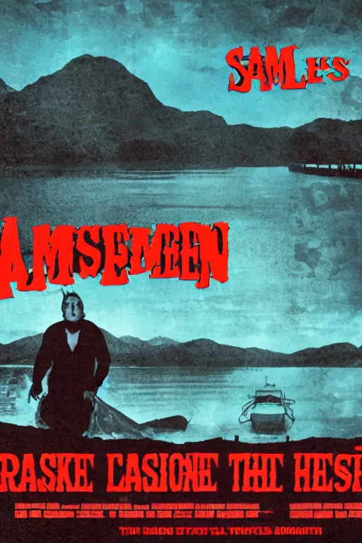 Prompt: Lake pleasant Sam raimi horror movie poster