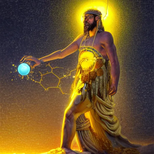 Image similar to mythological Greek Athenian Shaman of artificial intelligence creating an artificial neural network with yellow synapses on an anvil at dawn, high resolution, award winning art, trending on art station, sharp image, incredibly detailed, detailed character realistic painting