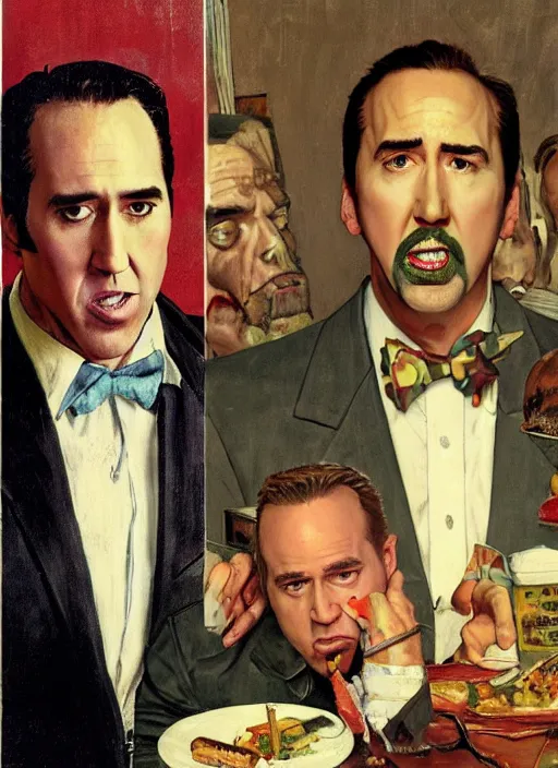 Image similar to full body and head portrait of nicholas cage looking confused about crazy evil in a restaurant, painted by norman rockwell and tom lovell and frank schoonover