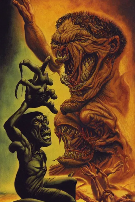 Prompt: alex jones being possessed by inter - dimensional demons, painting by richard corben and glenn fabry, 3 d, 8 k