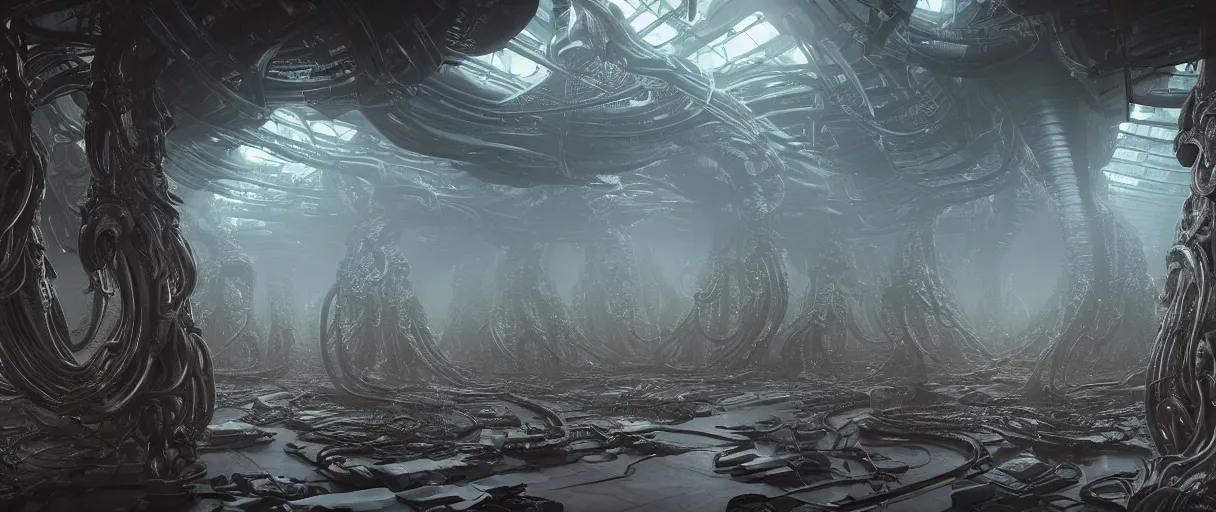 Prompt: an organic xenomorphic alien queen hive in a massive warehouse, twisting organic tendrils, haze, highly detailed hyper real retro interior high ceilings, retro futuristic, volumetric interior lighting, artstation, unreal engine render 8 k, greg rutkowski