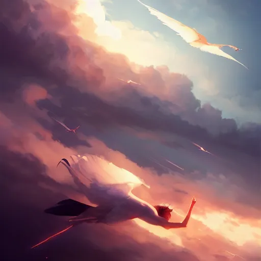 Image similar to milvus milvus flying. clouds. summer. 4 k, concept art, by wlop, ilya kuvshinov, artgerm, krenz cushart, greg rutkowski, pixiv. cinematic dramatic atmosphere, sharp focus, volumetric lighting, cinematic lighting, studio quality