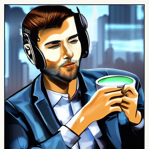 Image similar to portrait of a handsome startup CEO having a cup of coffee. cyberpunk style, digital art