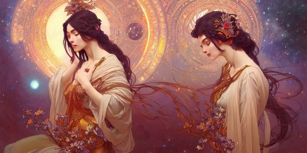 Prompt: a beautiful illustration of a cosmic goddess, intricate, sharp focus, illustration, highly detailed, digital painting, concept art, matte, art by wlop and artgerm and greg rutkowski and alphonse mucha, masterpiece