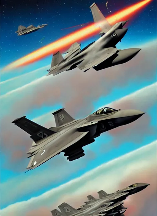 Image similar to poster artwork by michael whelan and tomer hanuka, a portrait, f 3 5 jets dogfighting in the clouds of jupiter, clean