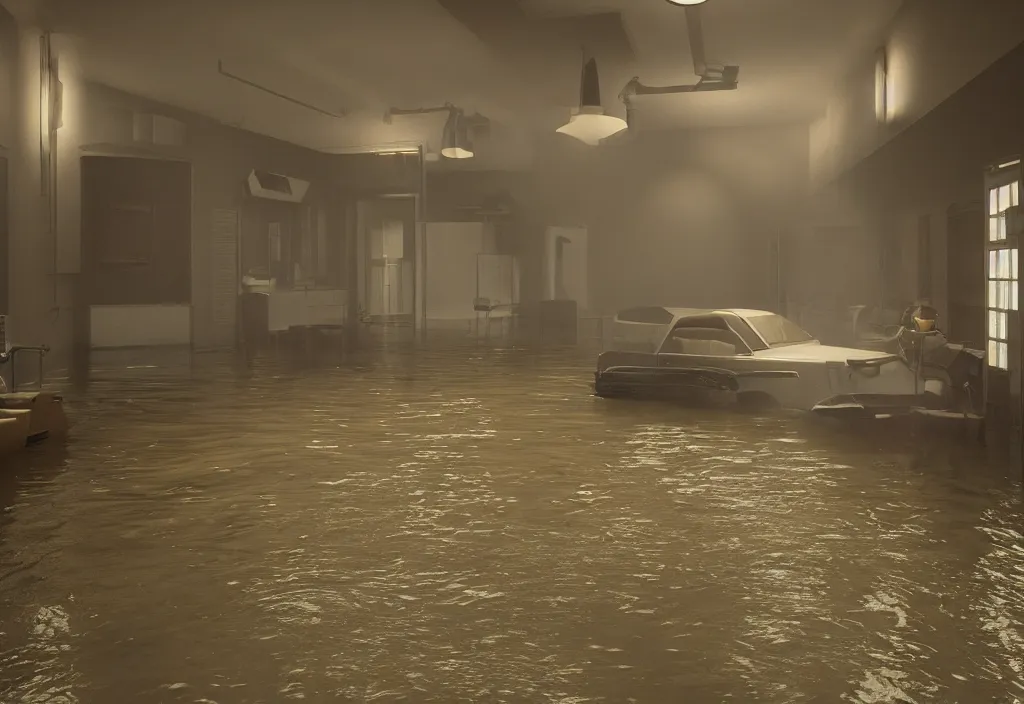 Image similar to kodak portra 4 0 0 photographic and realistic, interior of a theater, detailed, octane render, unreal engine, 4 k, artstation, hyper realistic, wide angle, floor flooded, how a river, objects that float, 3 5 mm, sharp focus, soft light, volumetric light fog, in the style of gregory crewdson