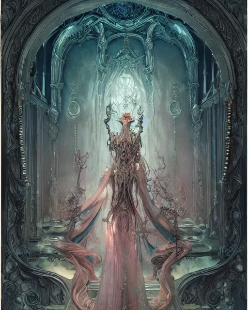 Image similar to a beautiful detailed front view of a dead rotten princess growing ornate baroque, ornamentation, elegant, beautifully soft lit, by wayne barlowe, peter mohrbacher, kelly mckernan