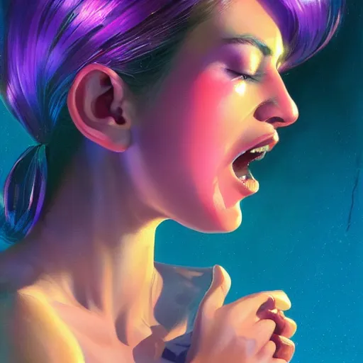 Prompt: screaming hologram woman with cute - fine - face, pretty face, oil slick hair, realistic shaded perfect face, extremely fine details, by realistic shaded lighting, dynamic background, poster by ilya kuvshinov katsuhiro otomo, magali villeneuve, artgerm, jeremy lipkin and michael garmash and rob rey, pascal blanche, kan liu