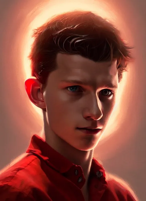 Image similar to portrait of tom holland with hazel eyes, hazel colored eyes, red shirt, intricate, elegant, glowing lights, highly detailed, digital painting, artstation, concept art, smooth, sharp focus, illustration, art by wlop, mars ravelo and greg rutkowski