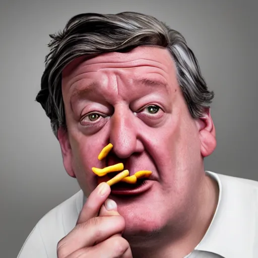 Image similar to photo of [ a single french fry chip ] shaped into stephen fry as a pixar character hybrid intercross mix cinematic lighting