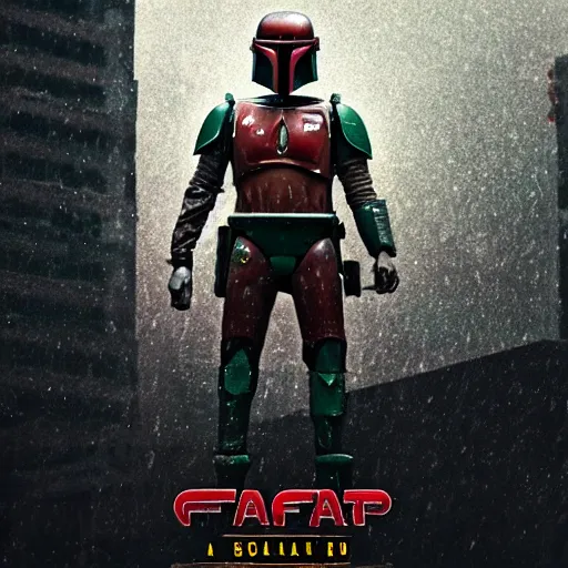 Image similar to boba fett standing on a building, fine details, heavy rain, 8 k, shallow depth of field, moody lighting, cinematic lighting,