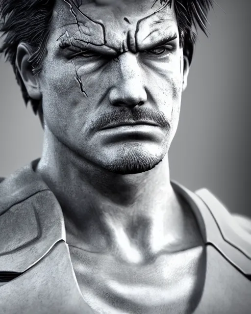 Image similar to solid snake bust portrait, cinematic lighting, anguished depressed facial expression, close - up, black atmospheric background, 4 k photography hdr