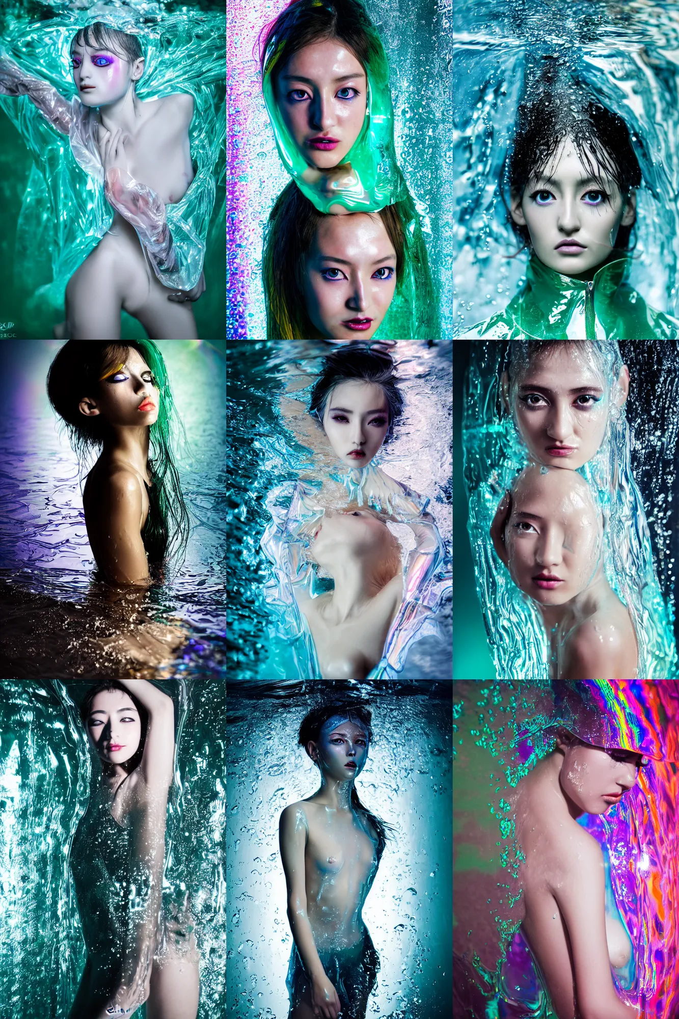 Prompt: Beautiful Sergey Piskunov style seinen manga Fashion photography portrait of feminine dancer half submerged in heavy nighttime paris floods, water to waste, wearing a translucent refracting rainbow diffusion wet plastic zaha hadid designed specular highlights raincoat, épaule devant pose;pursed mouth; mercury white lipstick;,pixie hair,;oversized emerald eyes;,petite nose; by Nabbteeri, épaule devant pose, ultra realistic, Kodak , 8K, 15mm lens, three point perspective, chiaroscuro, highly detailed, by moma, by Nabbteeri