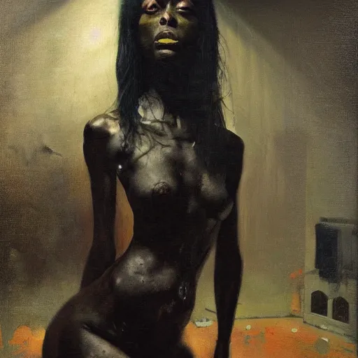 Image similar to palette knife oil painting portrait of a black nightmare in a room, extreme detail, liminal aesthetic, artgerm, deviant art, octane, substance, art history 8 k, by balthus