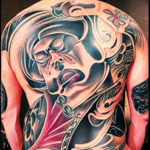 Prompt: yakuza tattoo designs, back, body full, photography, hyperrealism, color
