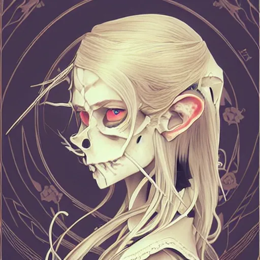 Prompt: anime manga skull profile young woman skeleton, elf, galadriel, hair, Tolkien, unreal engine, intricate, elegant, highly detailed, digital art, art by JC Leyendecker and sachin teng