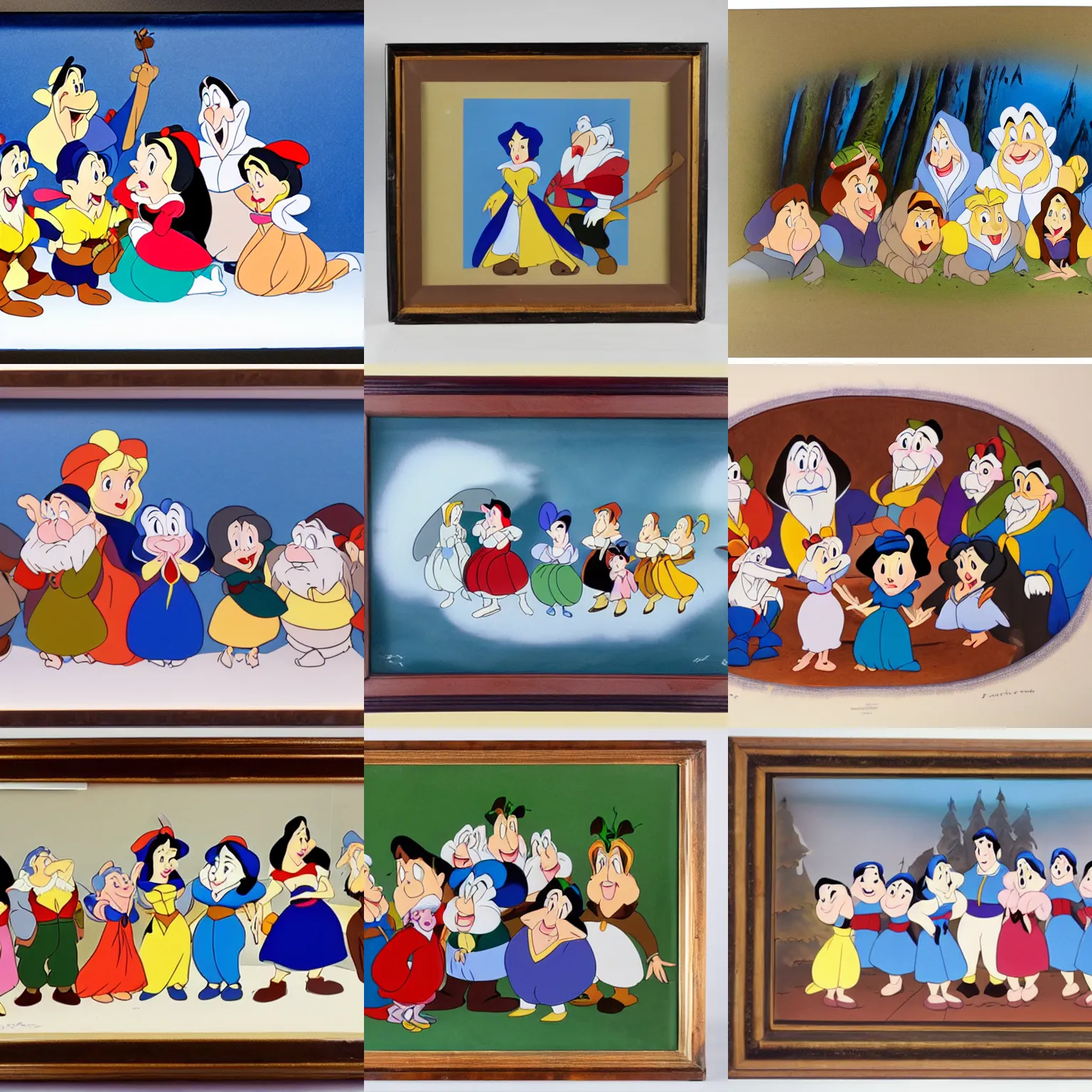 Prompt: an original hand - painted animation cel of snow white and the seven dwarfs