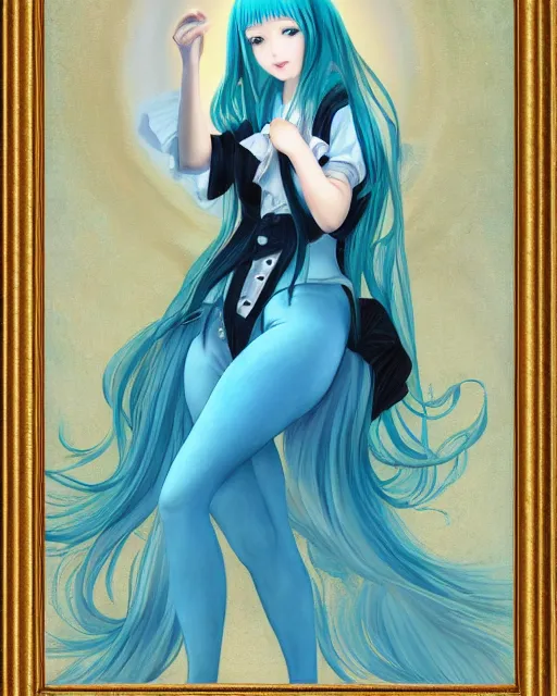 Image similar to 19th century romantic painting of hatsune miku, blue hair, golden ratio