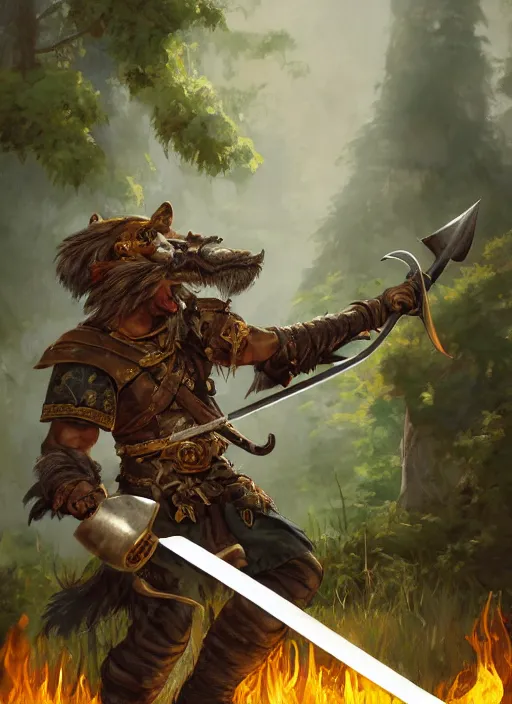 Image similar to photorealistic bugbear ranger holding sword on fire, magic, black beard, dungeons and dragons, pathfinder, roleplaying game art, hunters gear, jeweled ornate leather and steel armour, concept art, character design on white background, by sargent, norman rockwell, makoto shinkai, kim jung giu, artstation trending, poster art, colours red