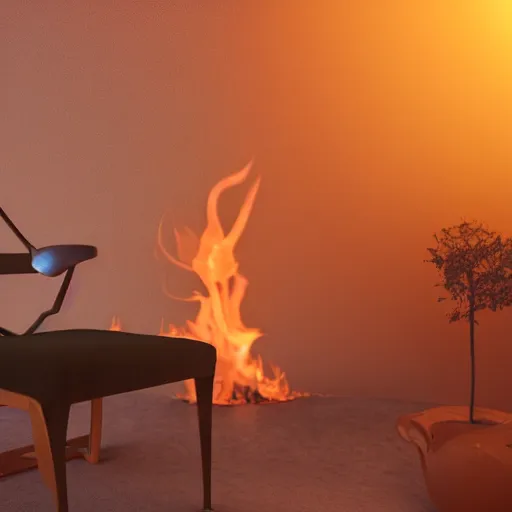 Image similar to wide-angle photo of fluffy caracal sitting on a chair in a room, flames of fire at background, octane render, 3d, 8k, hd, studio light