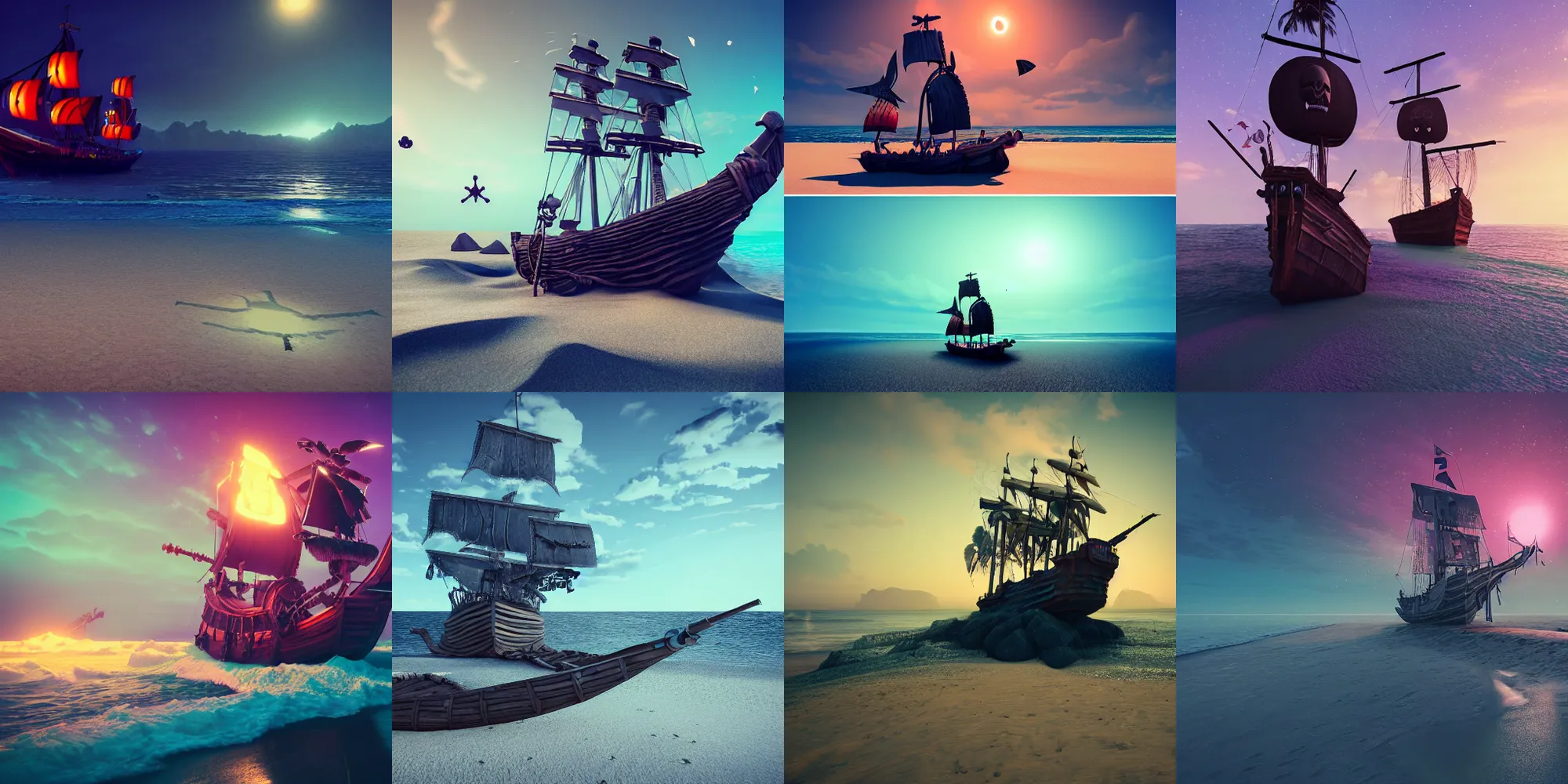 Prompt: beautiful dark beach landscape, old pirate ship, skull and crossbones, in the style of beeple and Mike Winkelmann, photo real, ultra realistic, intricate, epic lighting, 8k resolution, unreal engine 5, ultraviolet colors,