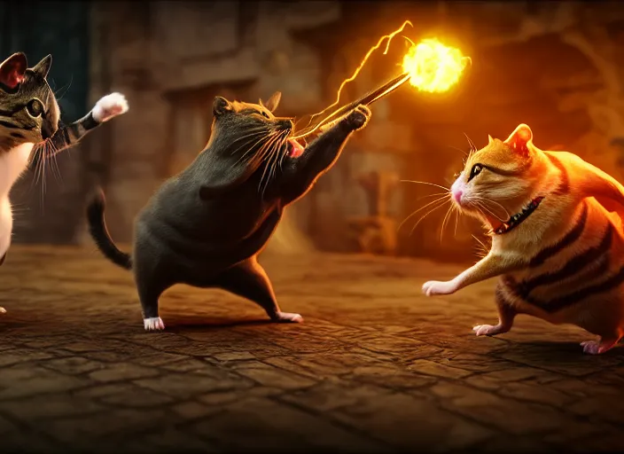 Image similar to hamster fights a cat in mortal kombat on the background of a laughing shao khan. fantasy magic style. highly detailed 8 k. intricate. lifelike. soft light. sony a 7 r iv 5 5 mm. unreal engine with nanite and path tracing