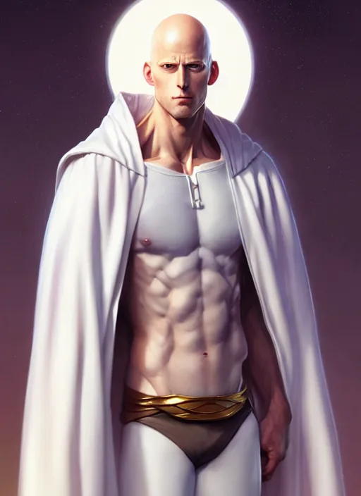 Image similar to ultra realistic illustration, handsome saitama. white cape, intricate, elegant, highly detailed, digital painting, artstation, concept art, smooth, sharp focus, illustration, art by artgerm and greg rutkowski and alphonse mucha and wlop