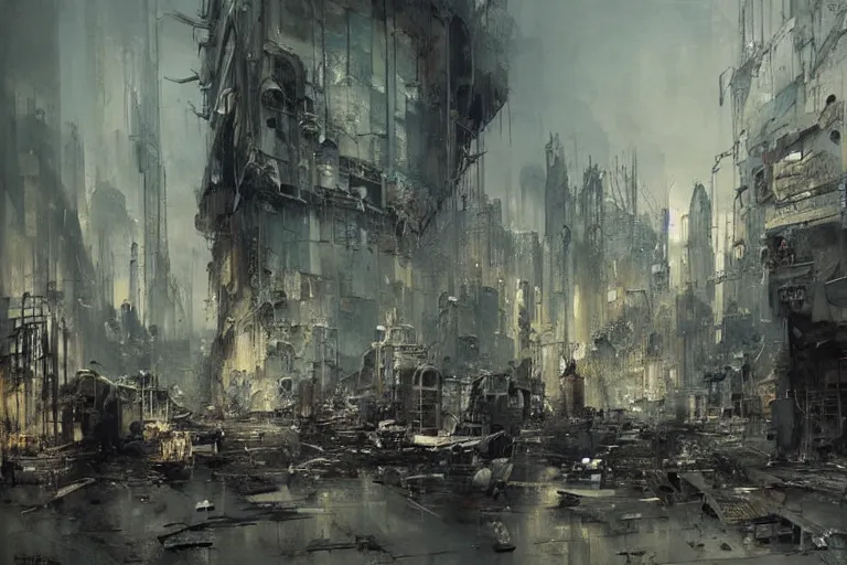 Prompt: a highly detailed chaotic bleak cityscape by denis forkas