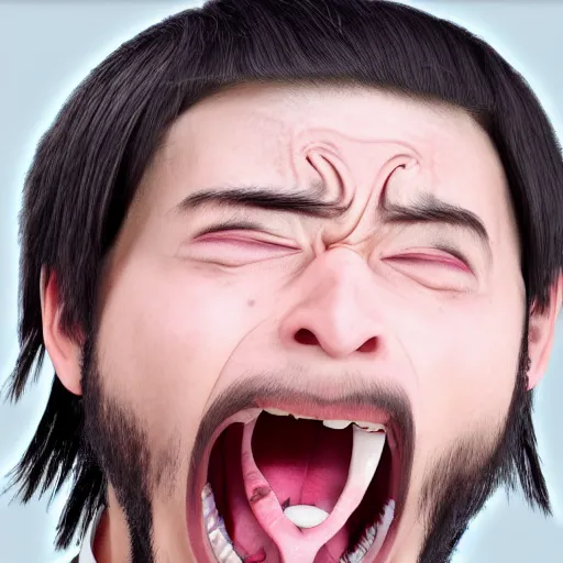 Prompt: Ugly weeaboo screaming at the computer screen, male, ponytail and beard, realistic photo